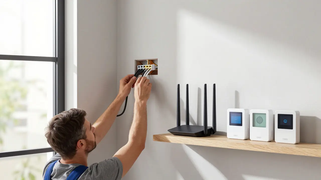 Techniker verlegt geschirmte Cat-6-Kabel für ein Matter-fähiges Smart-Home-System mit klarer Trennung von Netzwerken.