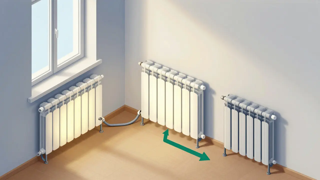 Technische Schnittansicht eines renovierten Hauses mit neuen Niedertemperatur-Heizkörpern und alten Elektroheizungen im Abfall.