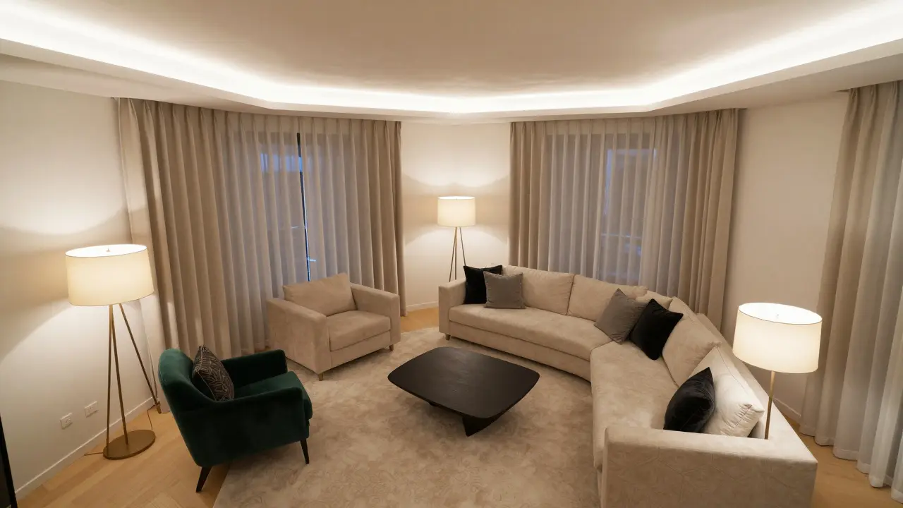 Übersicht eines hellen Wohnzimmers mit Beige- und Weißtönen, dunklen Holzakzenten und sanfter Beleuchtung für ruhige Atmosphäre.