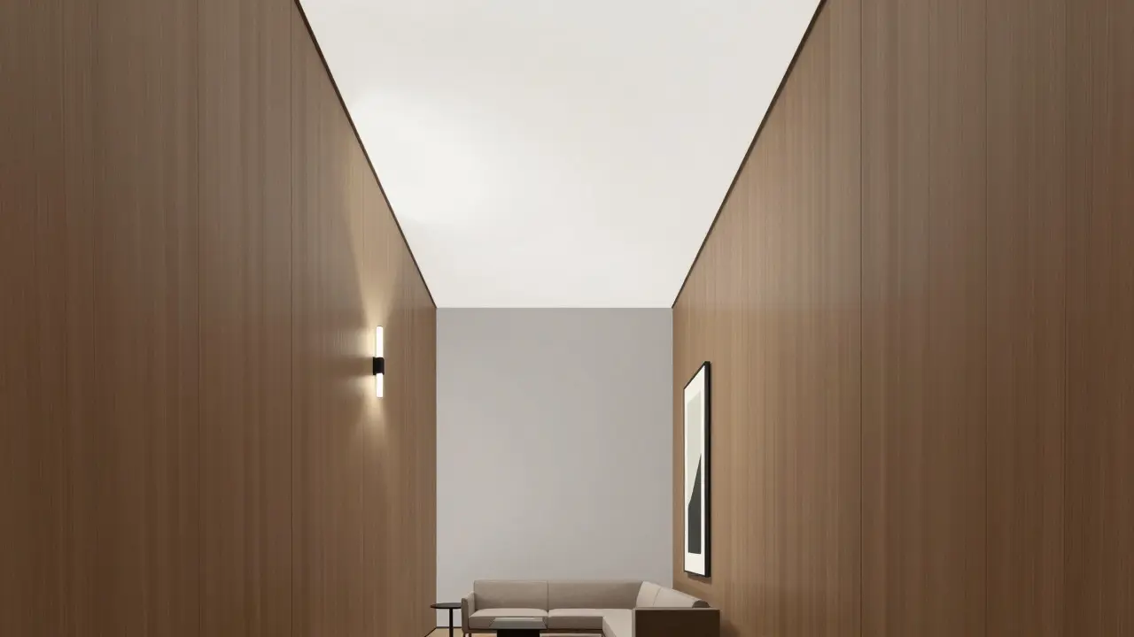 Vertikale Holzpaneele und ein hoch angebrachtes Bild lenken den Blick nach oben und vergrößern optisch den Raum.