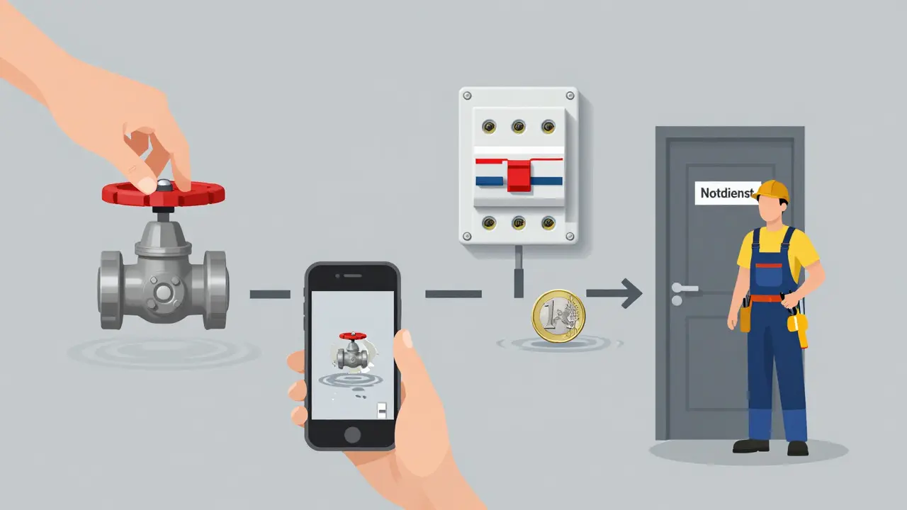 Vier Schritte bei einem Rohrbruch: Wasser abstellen, Strom abschalten, Schaden fotografieren, Fachmann rufen.