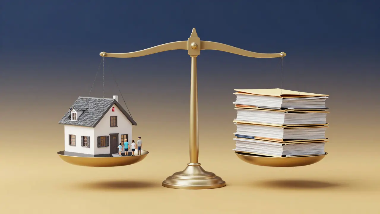Waage mit Hausmodell und Akten als Symbol für faire Bewertung.