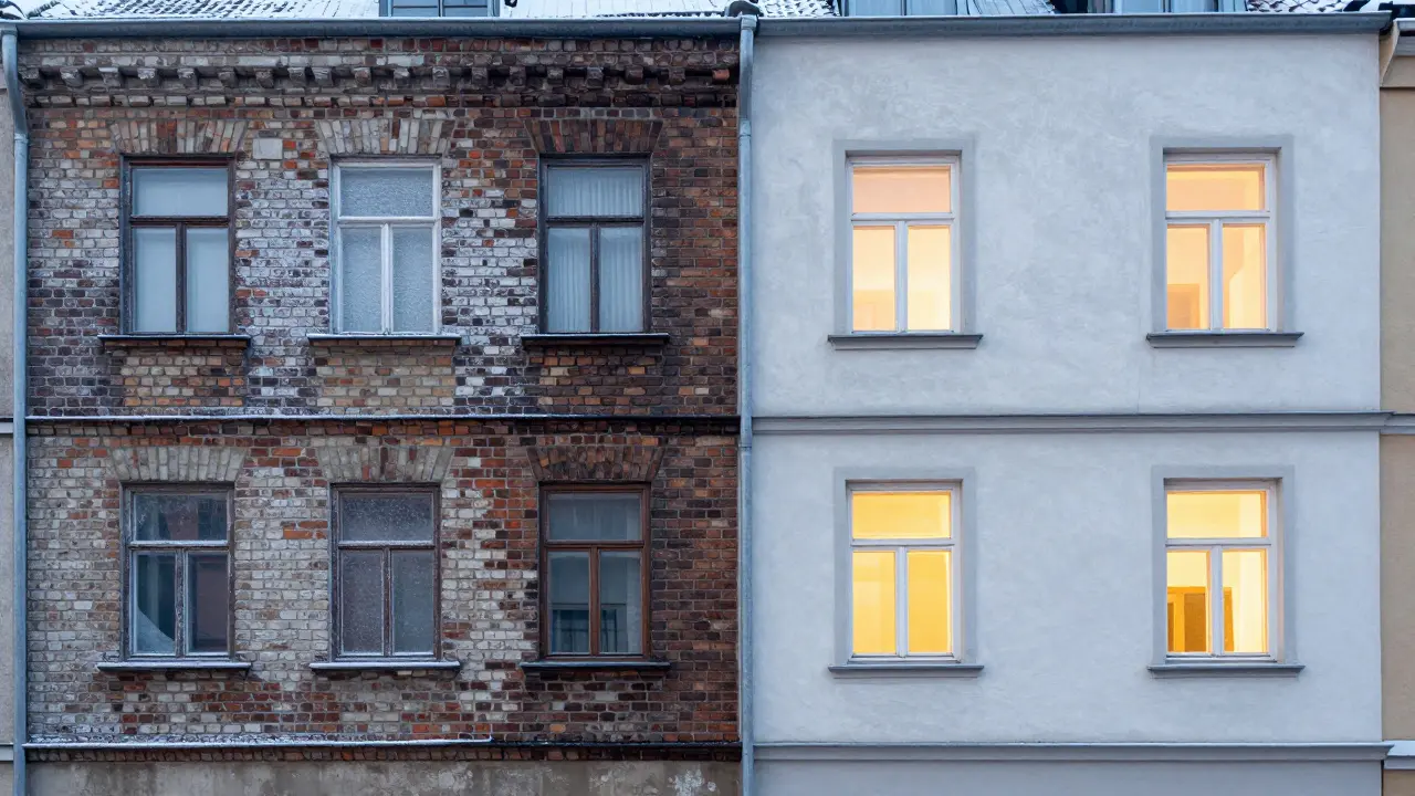 Wohnhausfassade zeigt Kontrast alter und moderner Isolierung