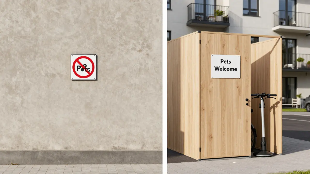 Zwei Wohnungen im Vergleich: eine starr und eingeschränkt, die andere flexibel mit Haustier- und Ladeinfrastruktur.