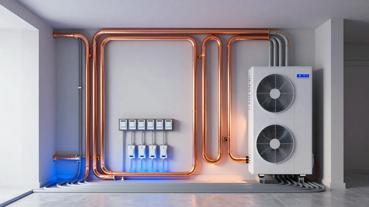 3D-Querschnitt einer modernen Hausinstallation mit Wärmepumpe und neuen Leitungen.