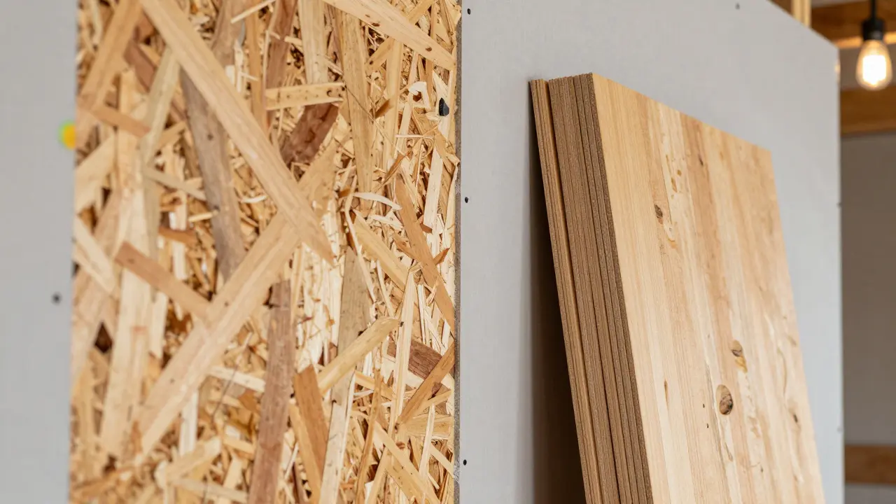 Baustellenszene mit einer tragenden OSB-Platte in der Wand und hochwertigem Sperrholz.