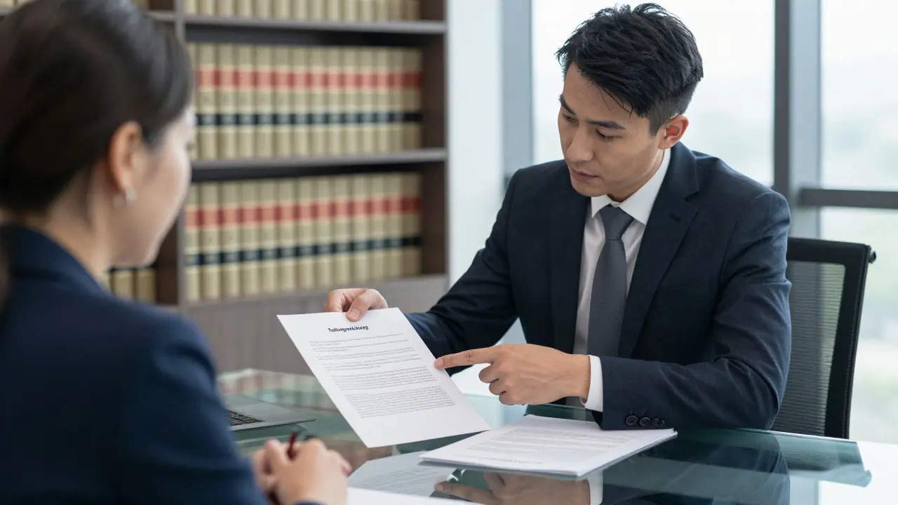 Beratungsgespräch zwischen einem spezialisierten Anwalt und einem Mandanten über WEG-Dokumente