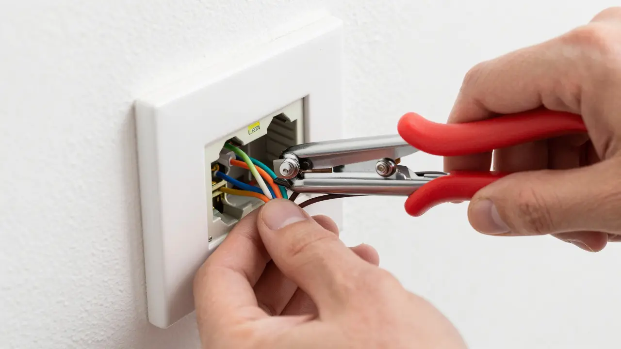 Detailansicht der Installation einer Netzwerkdose mit farbigen Adern und einem LSA-Auflegewerkzeug.