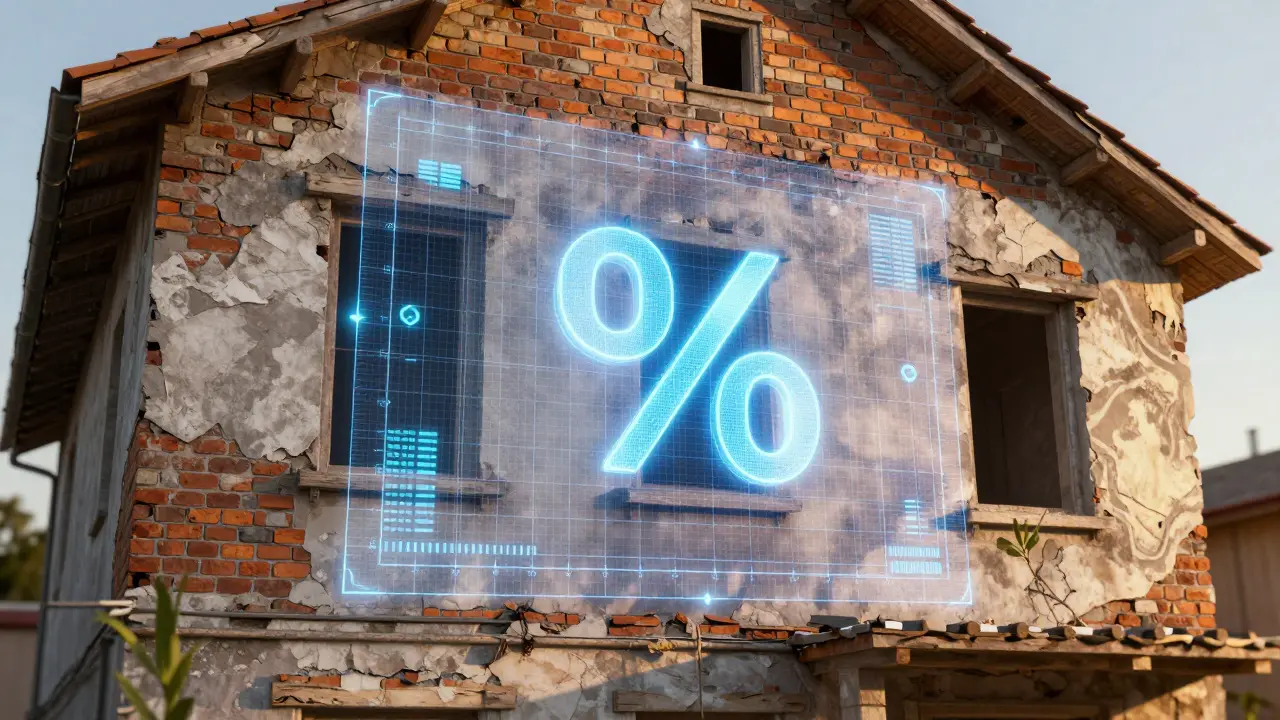 Digitale Datenanalyse und holografisches Gitter über der Fassade eines alten Hauses.