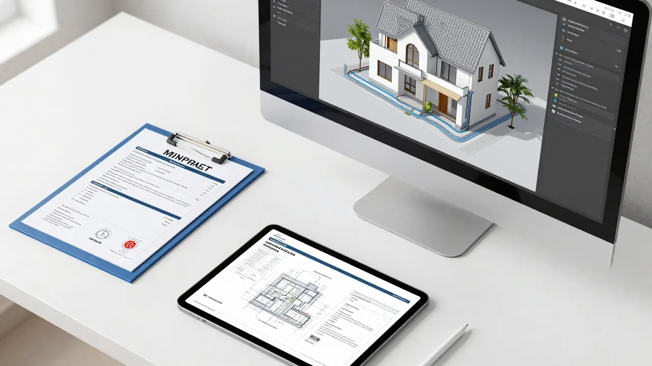 Digitales BIM-Modell eines Hauses auf einem Bildschirm zur Bauabnahme.