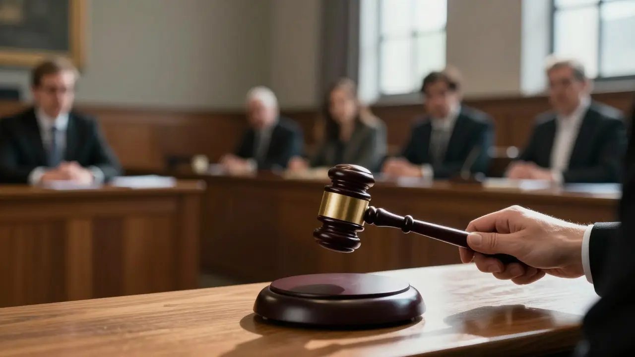 Ein Richterhammer in einem Gerichtssaal während einer Immobilienversteigerung.