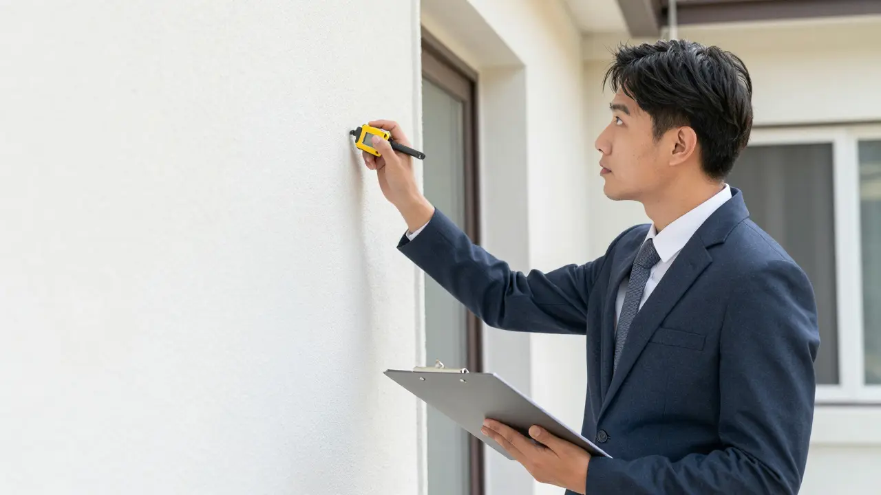 Ein zertifizierter Sachverständiger bei der detaillierten Besichtigung eines Gebäudes.