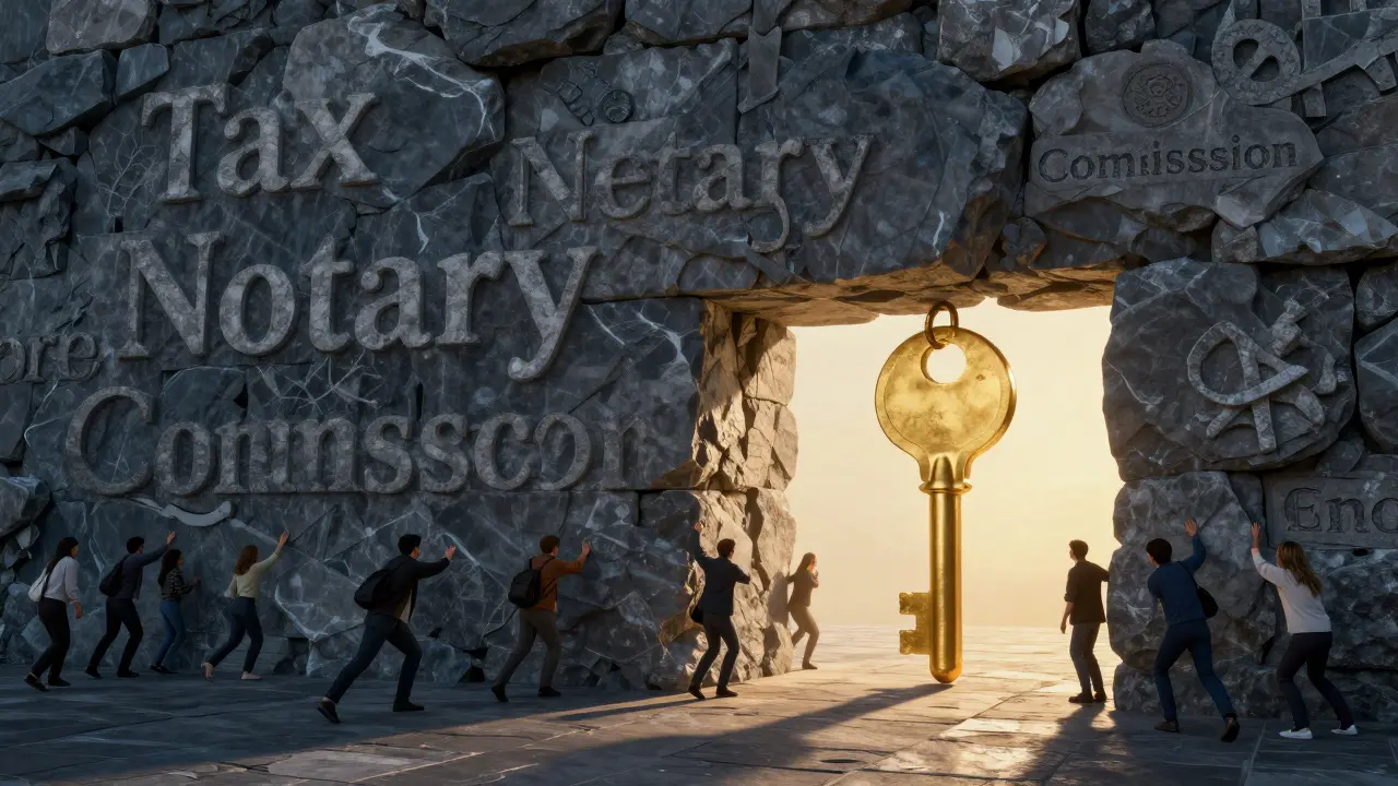 Eine symbolische Steinmauer aus Kosten, die den Weg zum Hausschlüssel versperrt.