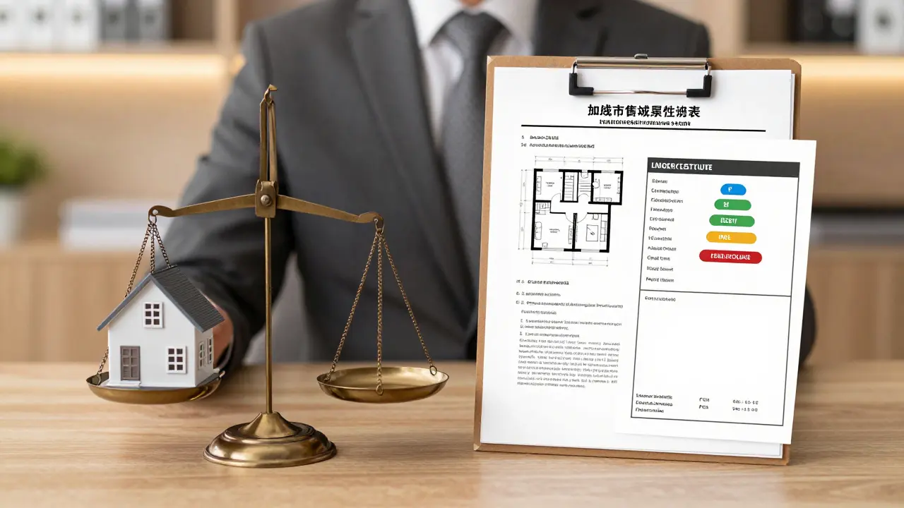 Eine Waage mit einem Hausmodell und rechtlichen Dokumenten zur Wertermittlung.