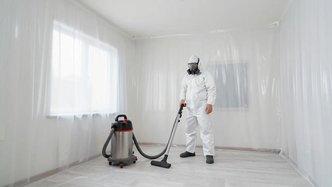 Fachmann im Schutzanzug bei einer professionellen Asbestsanierung im Haus