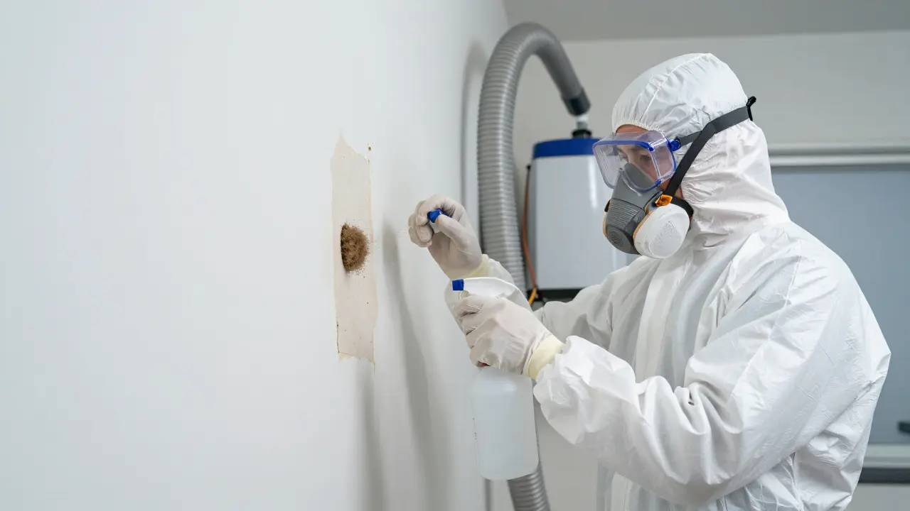 Fachmann in Schutzkleidung und FFP3-Maske bei der professionellen Schimmelsanierung.