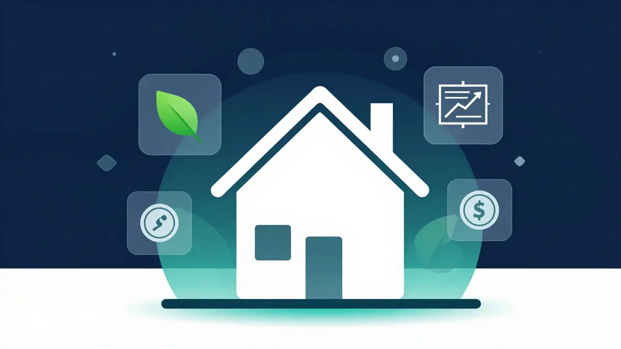 Futuristische Illustration einer digitalen Hausanalyse mit Symbolen für Energie und Finanzen.