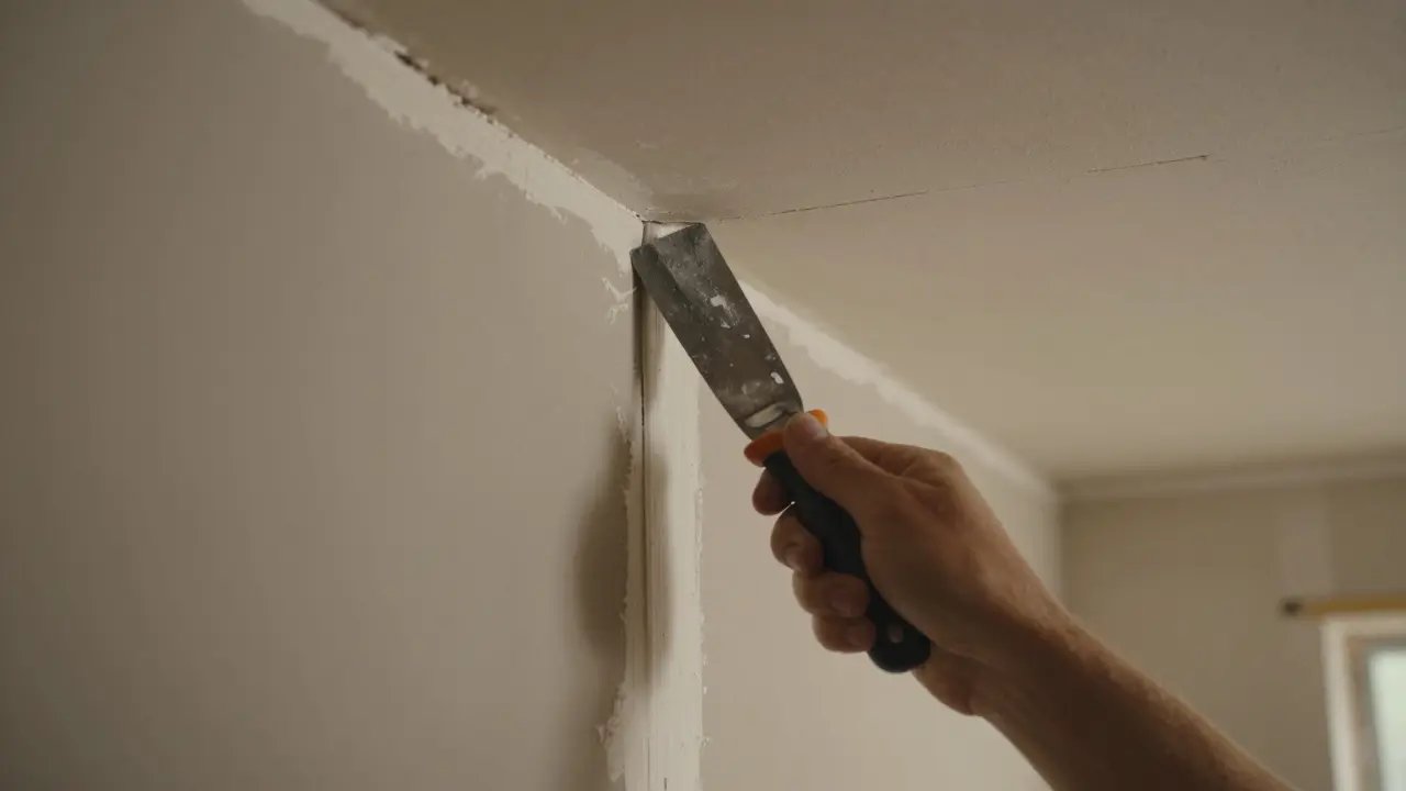 Handwerker verspachtelt präzise eine Fuge an einer Wand für optimalen Schallschutz.