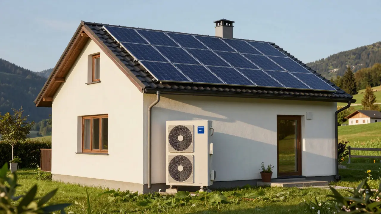 Haus in Österreich mit installierter Wärmepumpe und Photovoltaikanlage auf dem Dach.