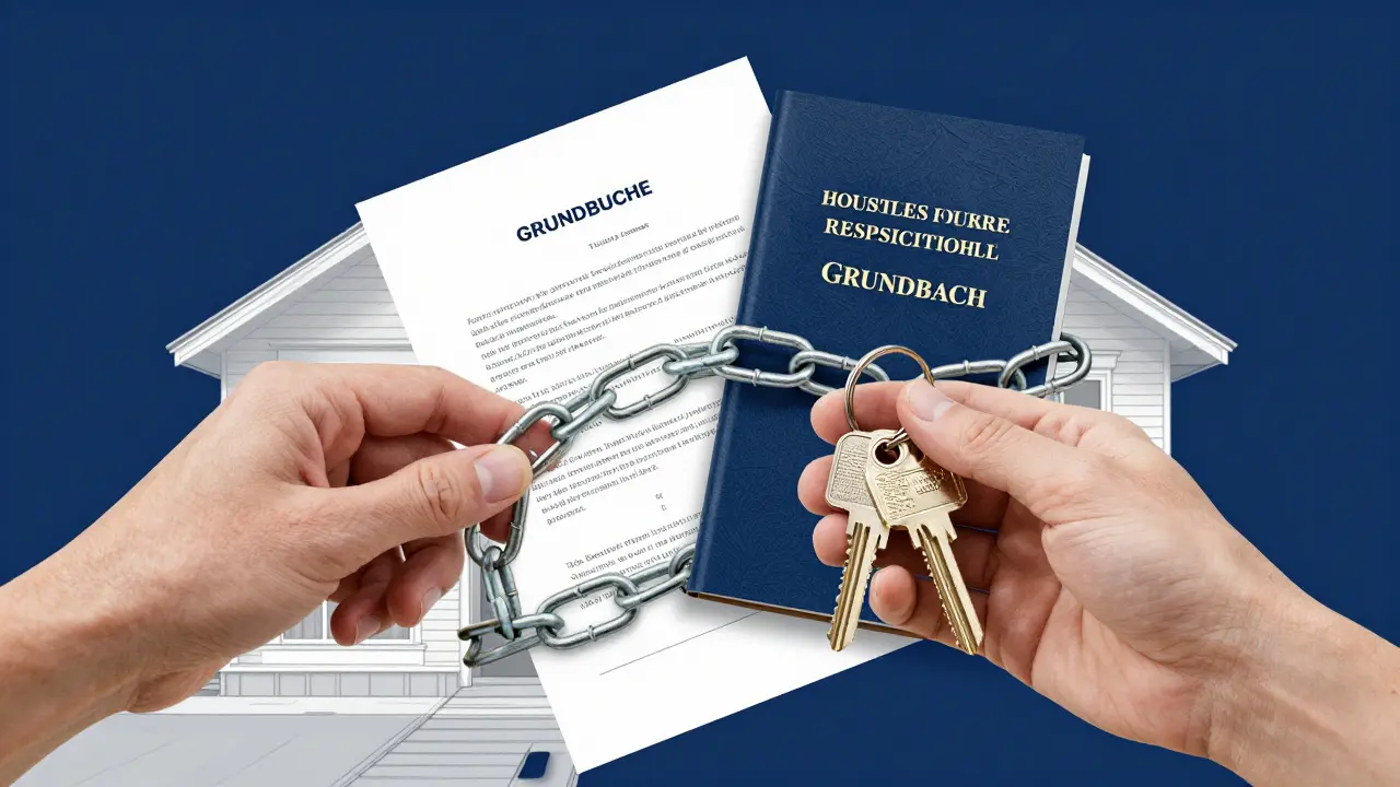 Hauschlüssel mit Ketten und Grundbuchauszug als Symbol für rechtliche Lasten.