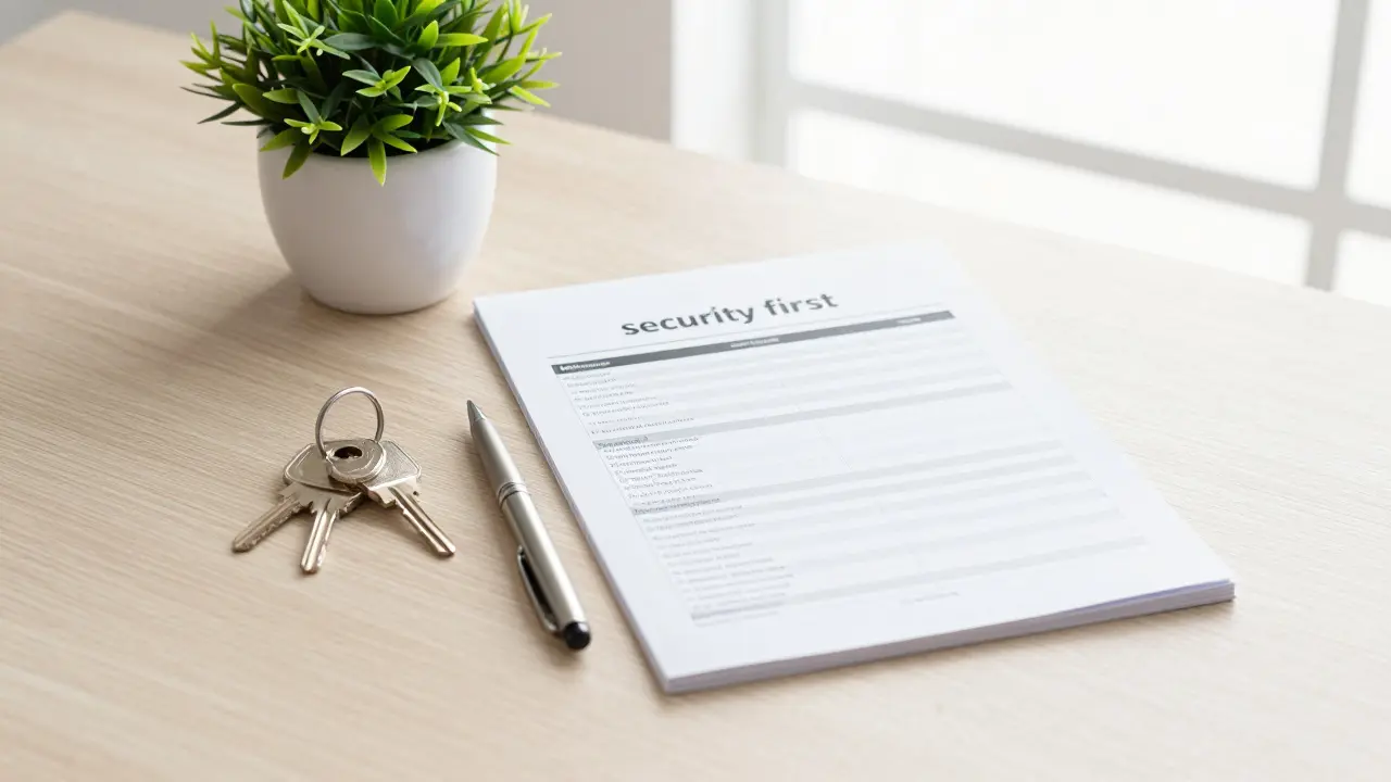 Haussschlüssel und Finanzplan auf einem Holztisch in hellem Morgenlicht.