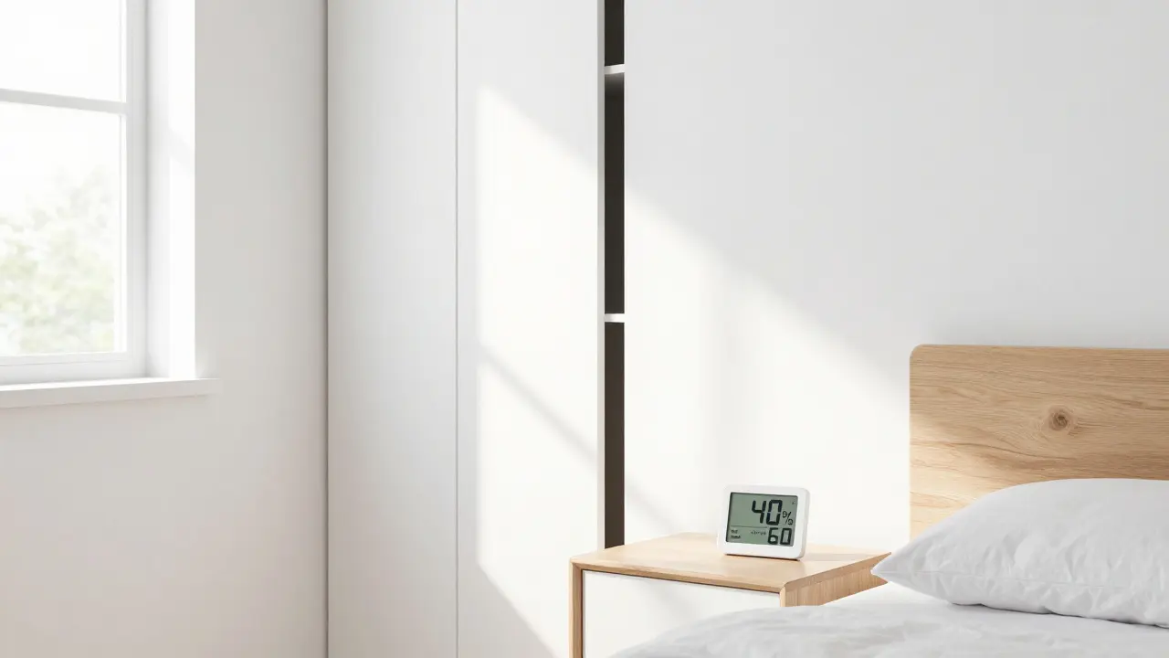 Helles, gesundes Schlafzimmer mit Hygrometer und korrekt platzierten Möbeln zur Luftzirkulation.