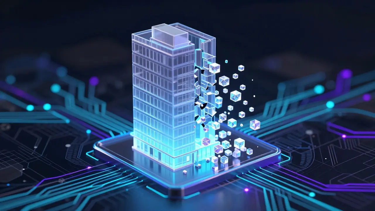 Holografische Darstellung von Immobilien-Tokenisierung durch digitale Würfel.