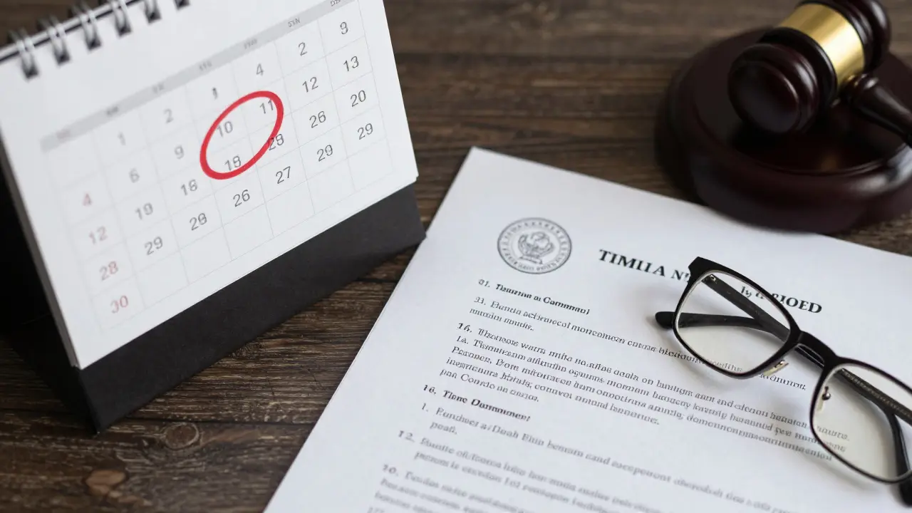 Kalender mit rot markierter Frist, Rechtsdokumenten und einem Richterhammer auf einem Schreibtisch
