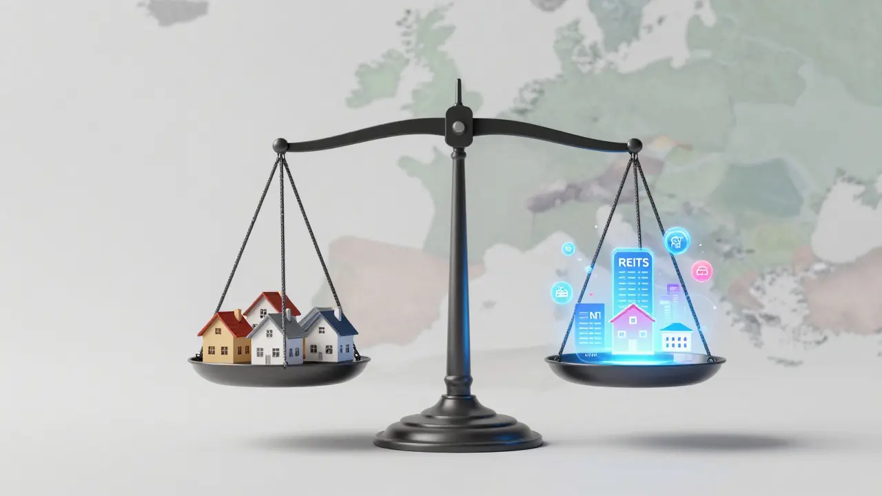 Konzeptbild einer Waage mit physischen Häusern und digitalen Immobilien-ETFs vor einer Landkarte.