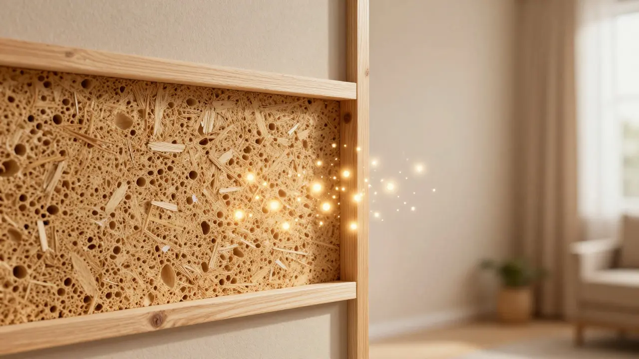 Konzeptuelle Darstellung einer porösen Holzfaserplatte zur Wärme- und Schalldämmung.