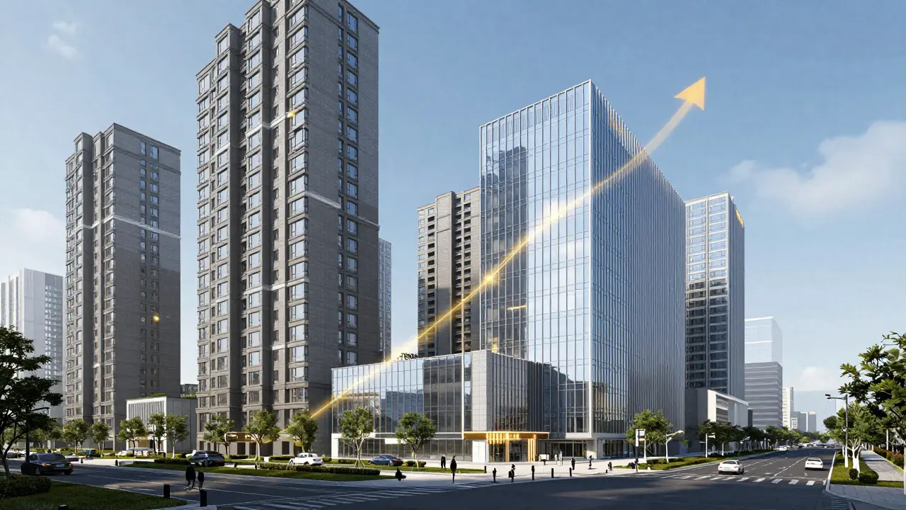 Moderne Stadtansicht mit goldenen Aufwärtspfeilen, die Wertsteigerung und Hebeleffekt symbolisieren.