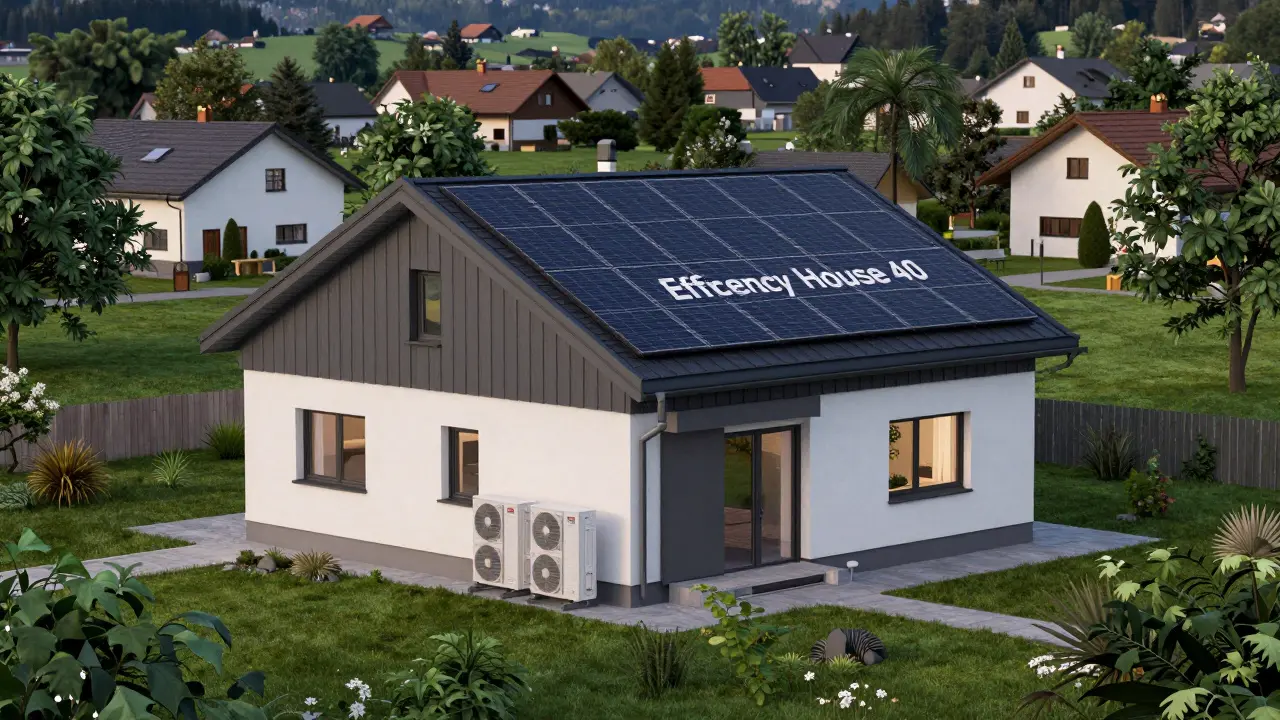 Modernes Effizienzhaus 40 mit Wärmepumpe und Solaranlage in einer grünen Umgebung