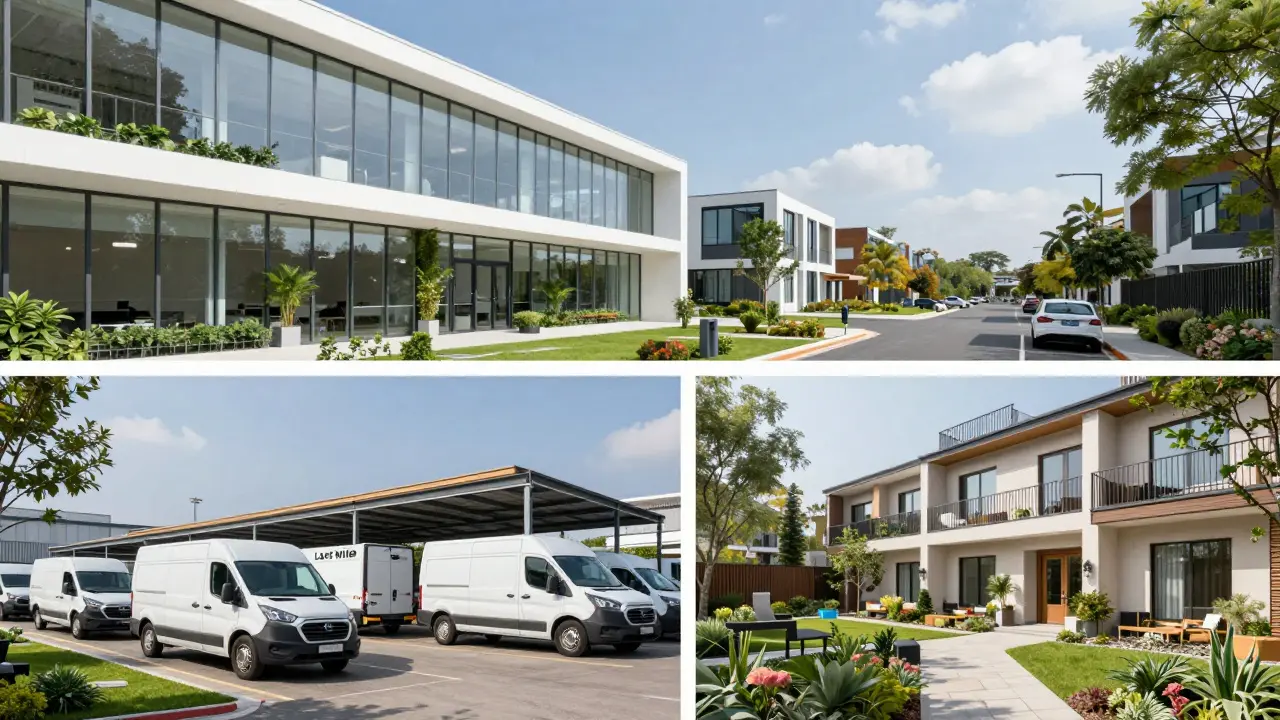 Montage aus einem modernen ESG-Büro, einem Logistikzentrum und einer Seniorenresidenz.