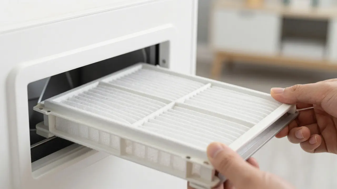 Nahaufnahme eines Luftfilterwechsels in einer Lüftungsanlage zur Wartung