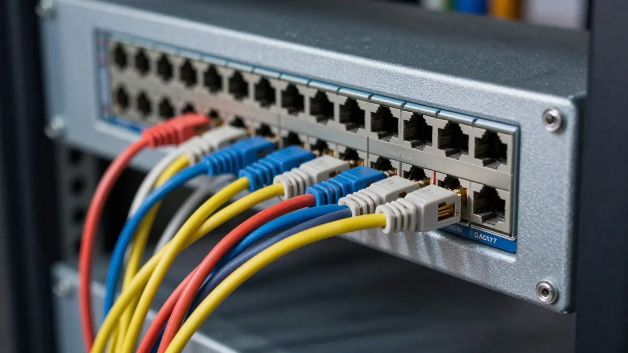 Nahaufnahme eines professionell organisierten Patchpanels in einem Serverschrank mit Cat 7 Kabeln.