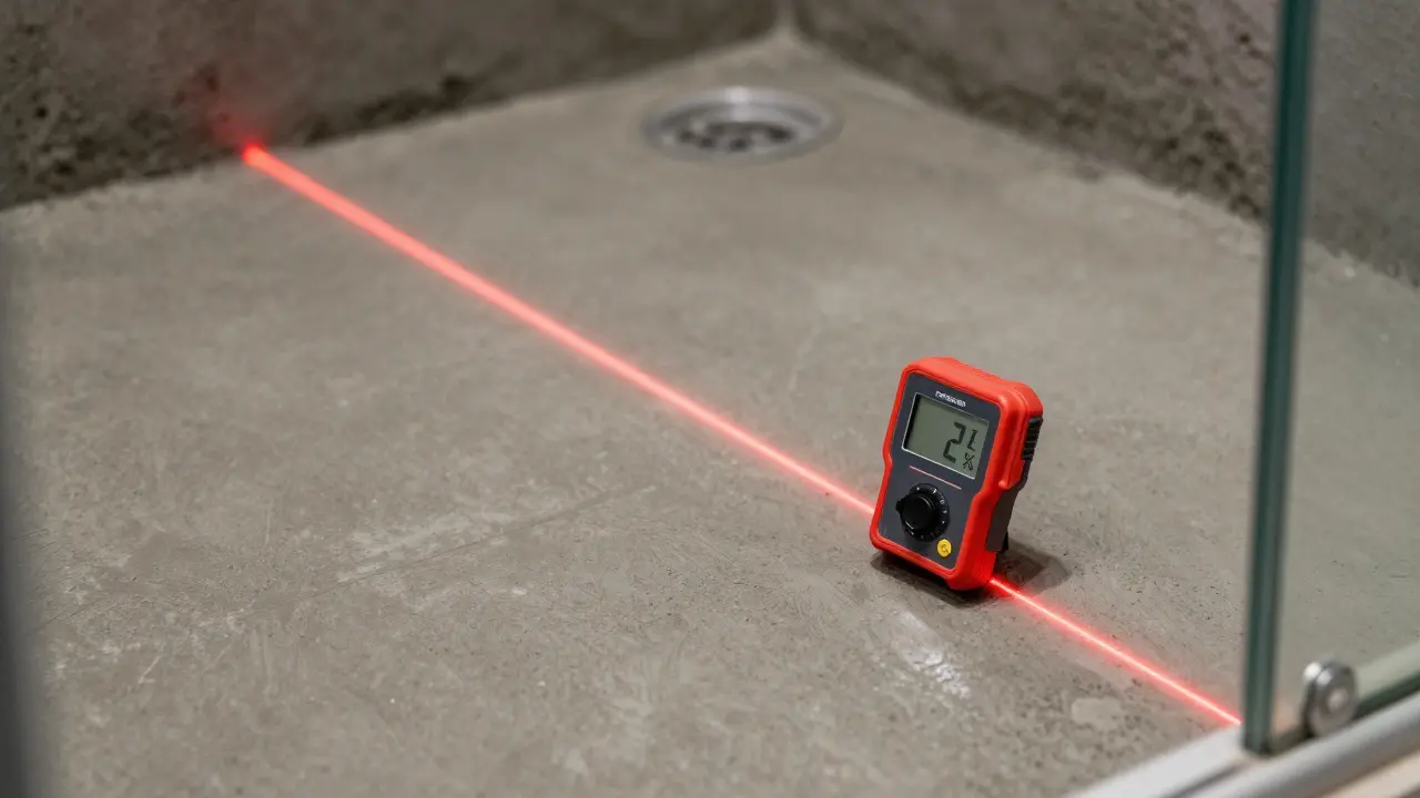 Präzise Messung des Duschgefälles mit einem Laser-Messgerät auf dem Estrich