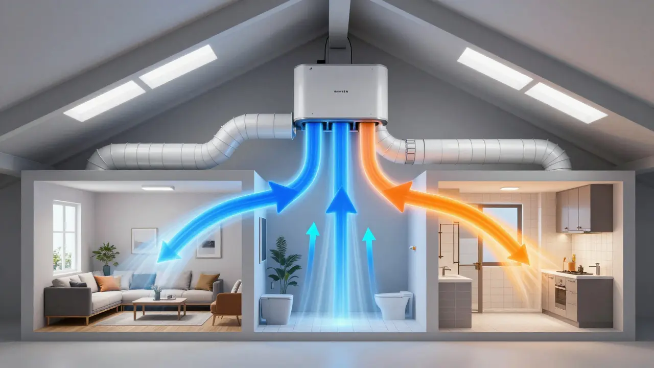 Schematische Darstellung einer zentralen Lüftungsanlage mit Wärmerückgewinnung
