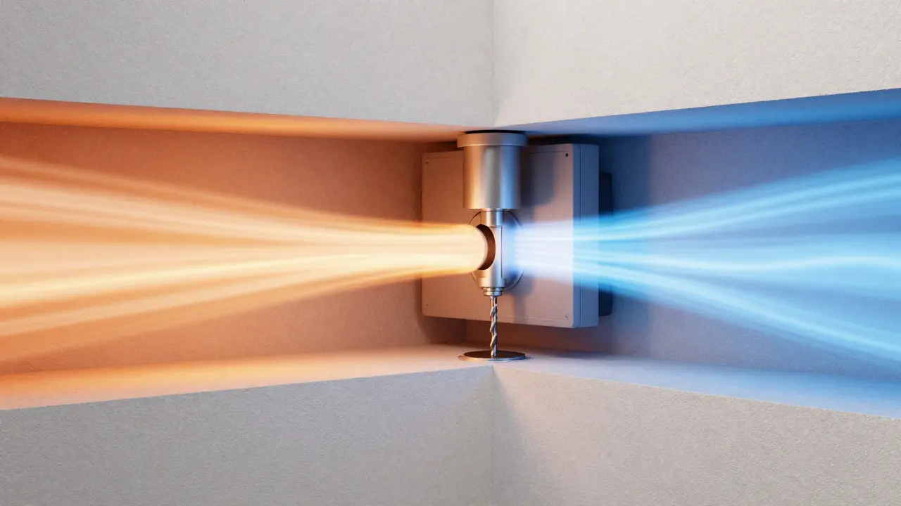 Schematische Darstellung eines dezentralen Lüfters mit Wärmerückgewinnung in einer Wand