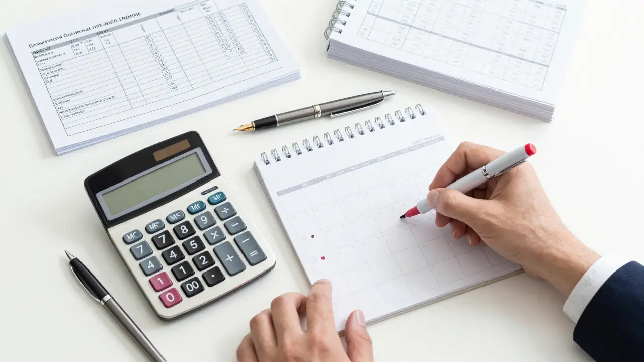 Schreibtisch mit Belegen und einem Kalender, bei dem ein Datum markiert wird