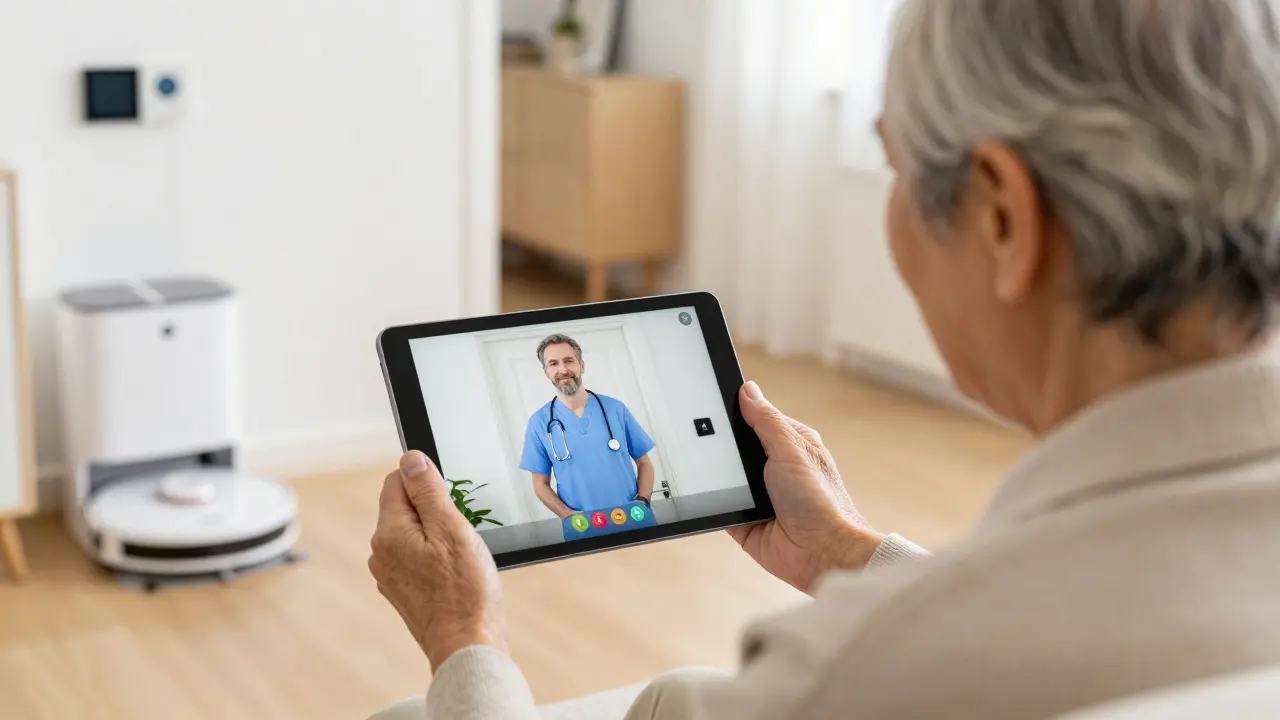 Seniore nutzt Tablet zur Steuerung des Hauseingangs für den Pflegedienst