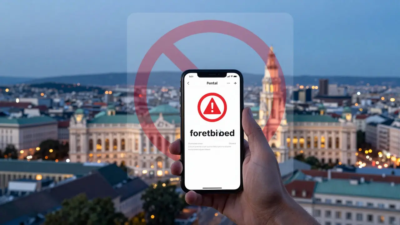 Smartphone vor Wiener Stadtkulisse als Symbol für Kurzzeitvermietung und Verbote.