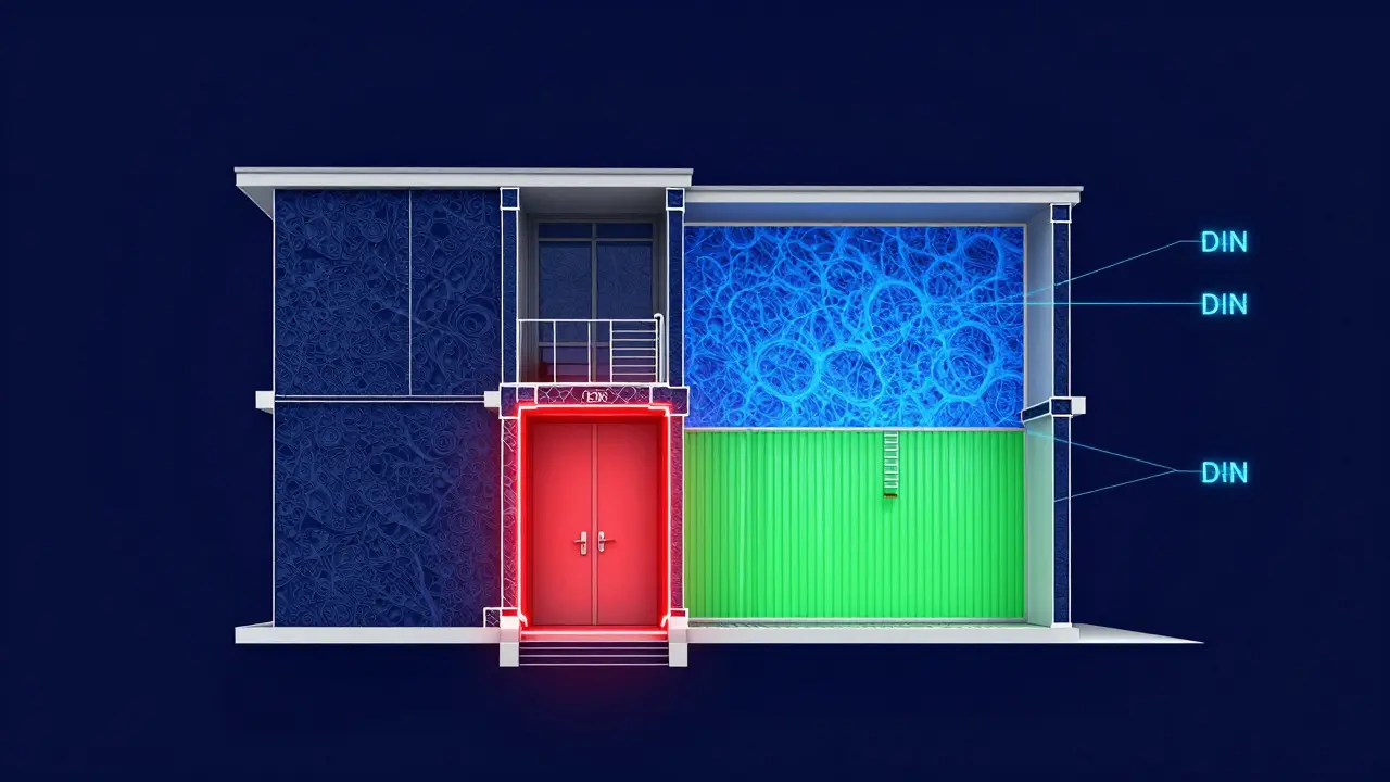 Technische Darstellung von Brandschutz und Wärmeschutz in einem Gebäude.