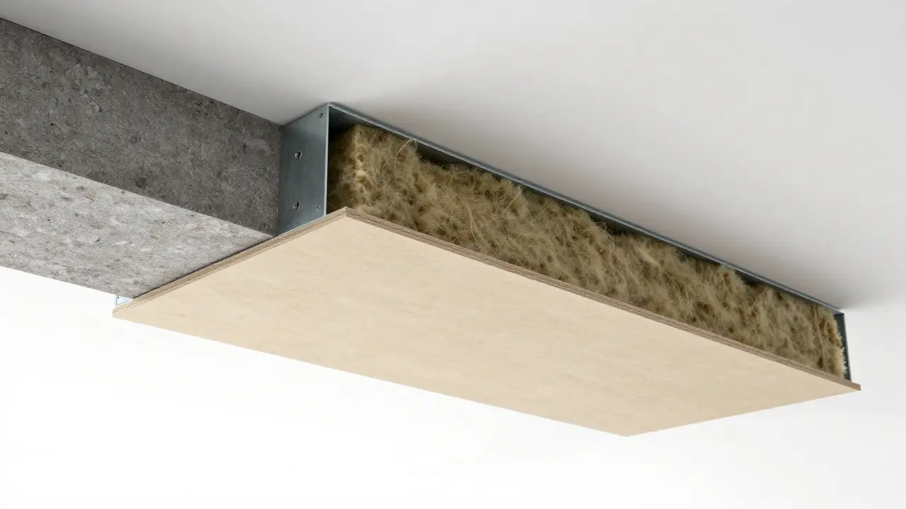 Technischer Querschnitt einer schallisolierenden Decke und Wand mit Mineralwolle und Gipsplatten.