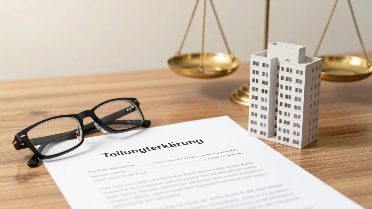 Teilungserklärung mit Brille und einem kleinen Modell eines Wohngebäudes.