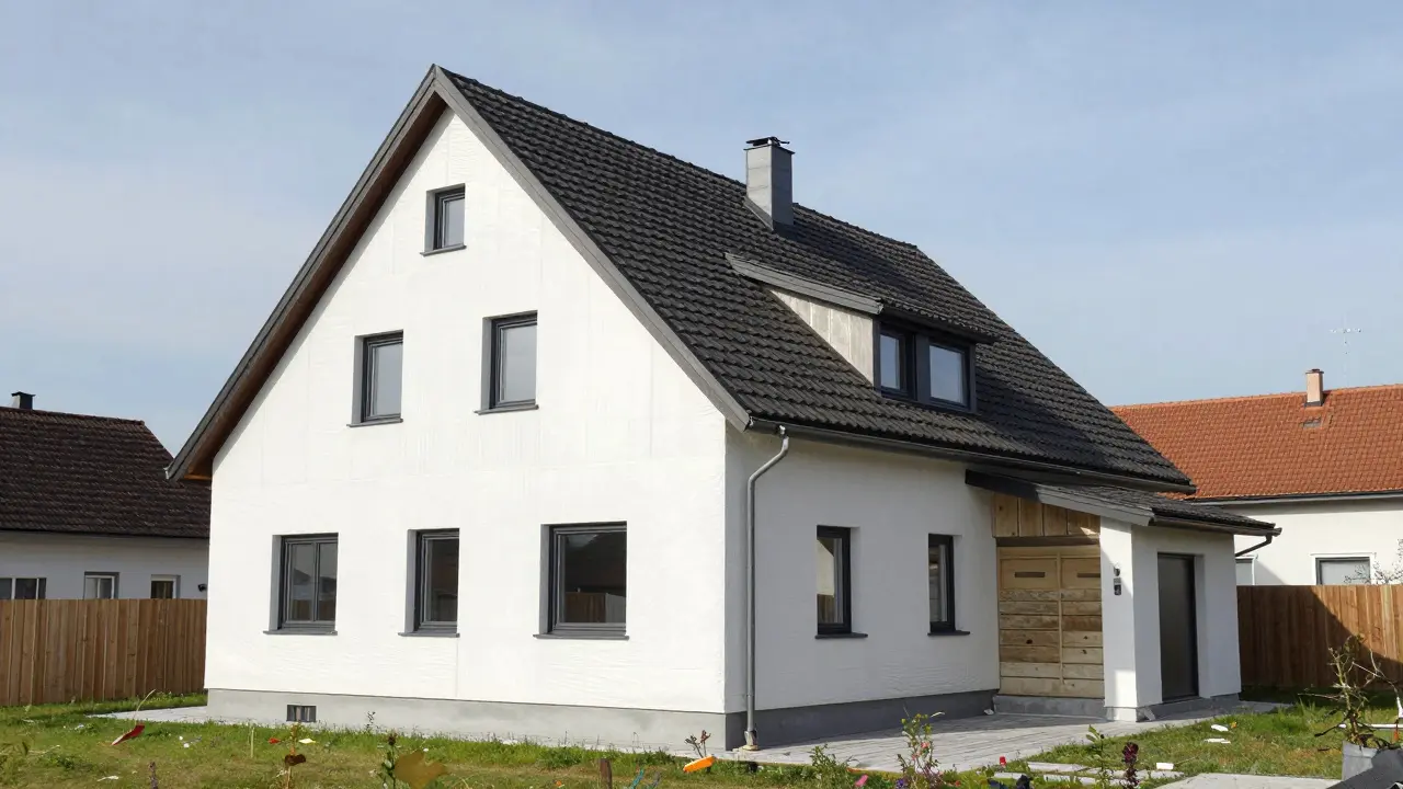 Teilweise modernisiertes Haus mit neuen Fenstern und Dämmung.