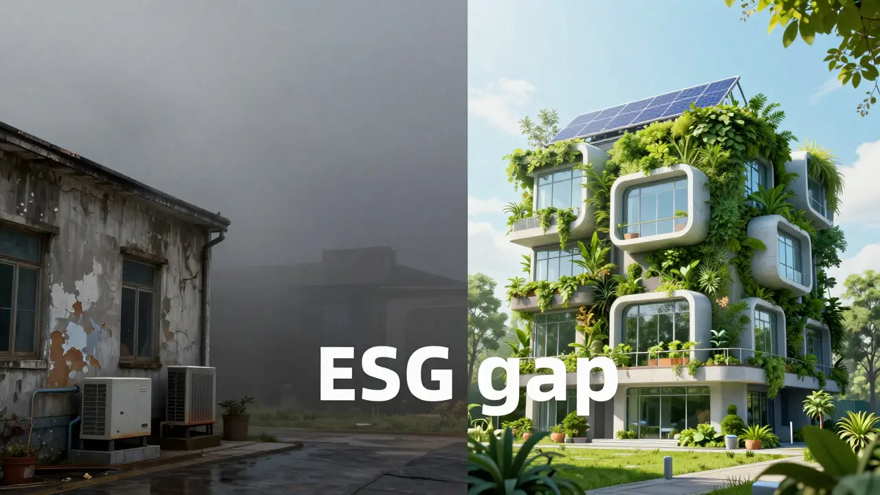 Vergleich zwischen einem energetisch veralteten Gebäude und einem modernen, nachhaltigen ESG-Gebäude.