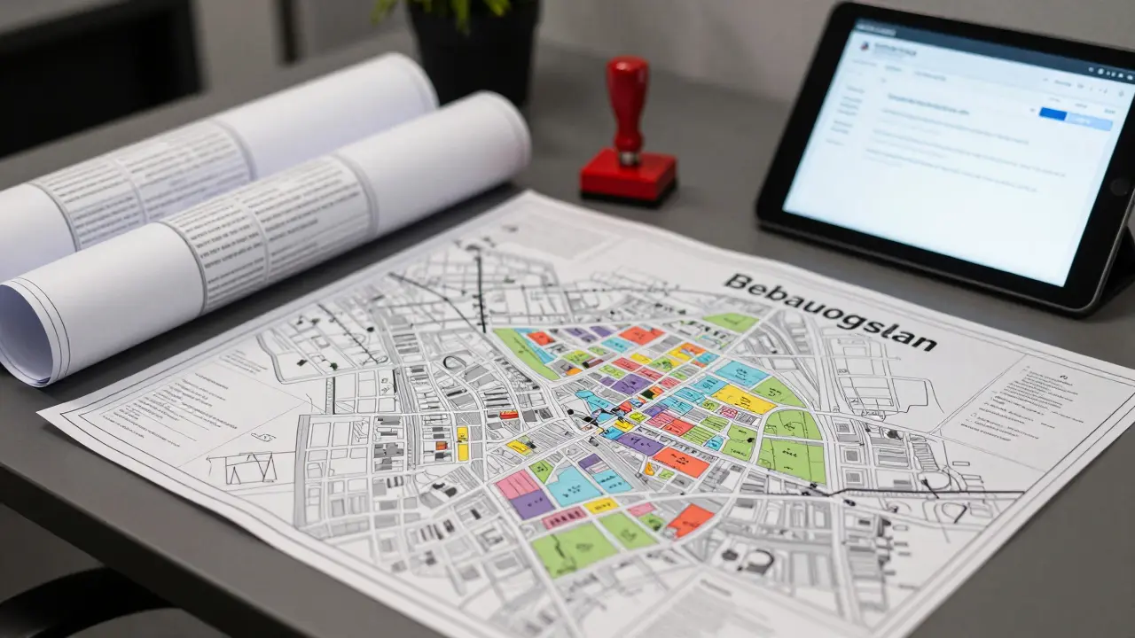 Architektenplan und Bebauungsplan auf dem Schreibtisch mit Fokus auf Genehmigungen