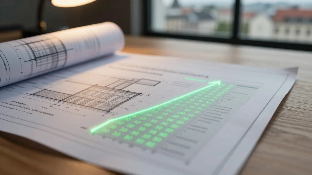 Architekturpläne und ESG-Daten auf einem Schreibtisch, die Due Diligence und Compliance darstellen.