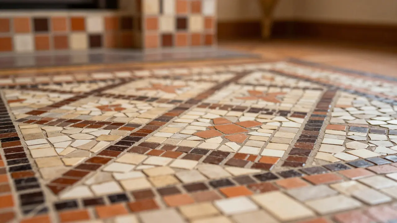 Detailaufnahme von Mosaikfliesen mit strukturierter Oberfläche