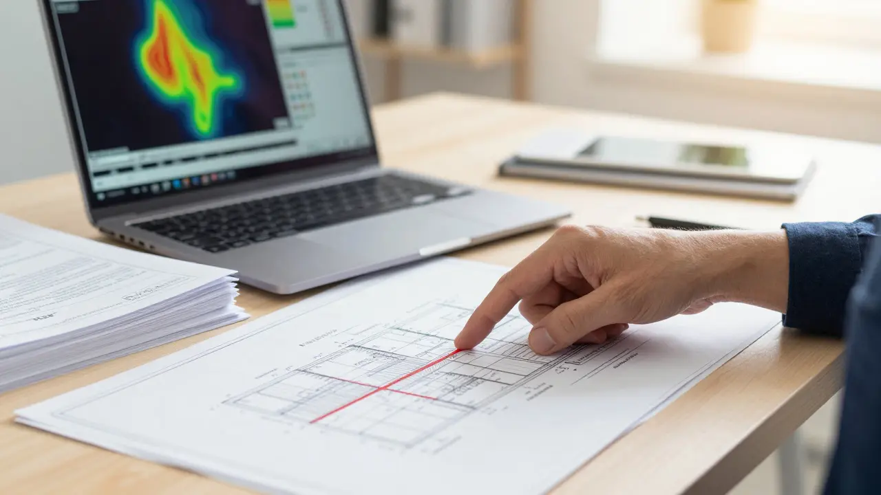 Energieberater analysiert Baupläne und Simulationsdaten am Schreibtisch
